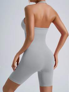 NcmRyu 1 Set Solid Color Women High Elasticity Ribbed Yoga Romper Sleeveless Quick Dry Sweat Wicking Athletic Unitard Perfect For Fitness Yoga Fitness Clothing Modern Athletic Look Seamless Construction Summer Conjunto Deportivo Mujer - Xám - Xem 4