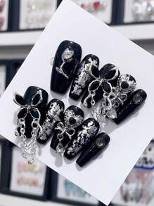 10pcs Long Almond Shape Press On Nails, Halloween Nail Supplies,Black Goth Fake Nail With Butterfly Rhinestone Decor, Black Nails,Glitter Full Cover Nails For Women,Gift A Set Of Nail Kit