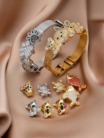 1pc Multi-Color Fashion Copper Zirconia Fish, Bear, Tiger Charm Stainless Steel Net Bracelet, Adjustable Size, Gift For Valentine's Day, Mother's Day, Suitable For Daily Wear For Women