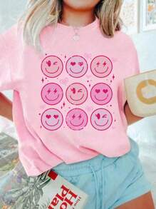 1pc Girls Teens Heart & Smiling Face Print Short Sleeve T-Shirt, Comfortable & Fashionable Summer Top For Students & Young Girls