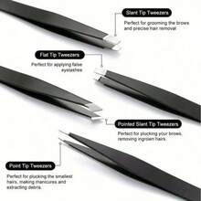 4 piezas Juego de pinzas para cejas de acero inoxidable, herramientas de maquillaje multifuncionales para dar forma a las cejas, eliminar vello fino, con estuche de cuero - Negro - Ver 7