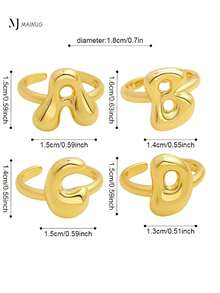 可爱泡泡26字母戒指，女士气球镀金锆石A-Z字母开口可调节戒指，优雅婚礼珠宝礼物 - 金色 - 查看 6