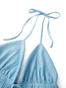 Women Halterneck Crop Tops Summer Solid Color Bandage Open Front Backless Sleeveless Tops Streetwear - Light Blue - View 7
