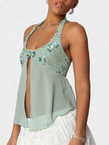 Womens Y2K Sequin Cami Tops Sexy Sparkle Lace Up Crop Top Tie Up Halter Scoop Neck Straps Tank Top - 綠色 - 查看 2