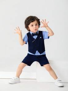 Bộ đồ 2 món cho bé trai - Áo sơ mi tay ngắn có nơ và quần short màu xanh navy, thời trang & quyến rũ cho tiệc sinh nhật, biểu diễn, sinh nhật đầu tiên, đám cưới, tiệc chiêu đãi - Màu xanh hải quân - Xem 10