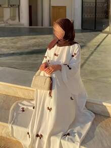 Bowknot Accent Round Neck Abaya Robe, Modest