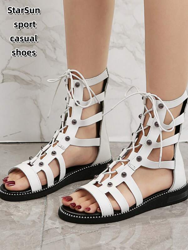 Women's Summer Hollow Out Cross-Strap Flats Sandals With Rivet, Rubber Sole Slip-Resistant Lightweight Casual Shoes, European Fashion Roman Ankle Boots, Plus Size 35-43