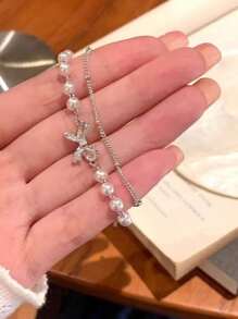 1pc Luxury Double Layer Bowknot & Pearl Stacked Bracelet