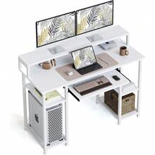 120x50 Cm Computer Desk With Storage Shelves Monitor Stand Keyboard Tray, Home Office Desk, Study Writing Table, White - White - View 1