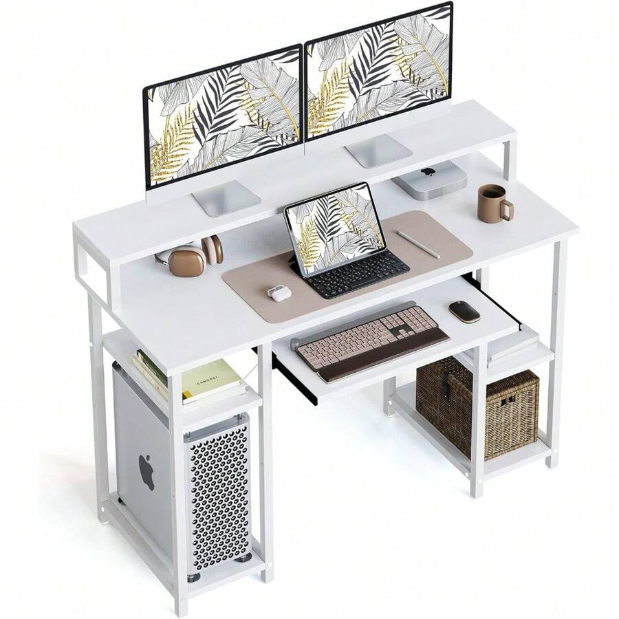 120x50 Cm Computer Desk With Storage Shelves Monitor Stand Keyboard Tray, Home Office Desk, Study Writing Table, White - White - View 1