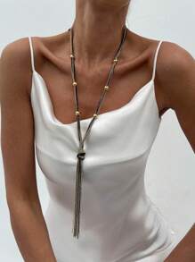 1pc Elegant Chain-Woven Tassel Necklace, Luxury Fashion Wedding Party Women & Couples Versatile Long Necklace Gift