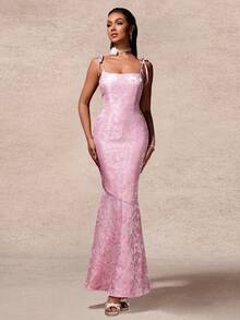 提花无袖鱼尾长裙、派对礼服、长袍、正式礼服、晚礼服、婚礼宾客礼服 - 粉色 - 查看 6