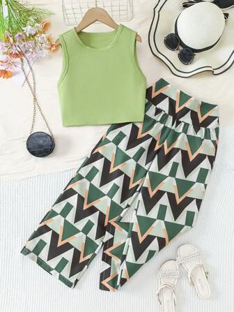 2-delige outfitset: casual top en losse broek, geschikt voor lente/zomer, meisjeskleding voor binnen- en buitenactiviteiten