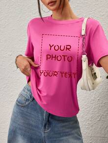 定制运动个性化礼品、定制女士 T 恤、添加文字和图像（自拍/风景/家庭照片/朋友/情侣照片/图案/宠物等）、文字哦字体和颜色选择、定制女士运动上衣、轻松舒适 - 玫紅色 - 查看 3