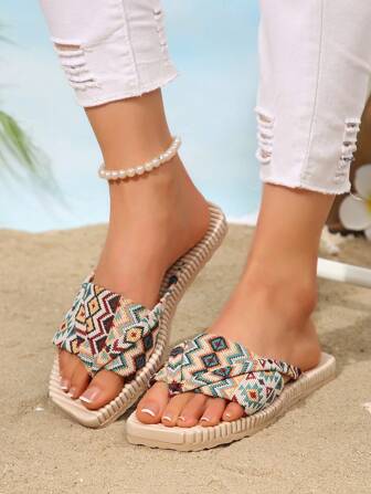 Kleurrijke slippers met geometrisch patroon voor tieners, teenslippers, antislip strandslippers met strepen, geschikt voor wandelingen op het strand, dagelijks, buiten, vakantie, casual, modieus en veelzijdig.