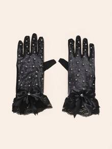 1 Pair Women's Elegant Short Gloves With Rhinestones, Mesh, Lace Trim And Bow Accent - White - View 3