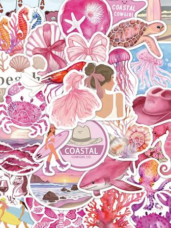 50pcs Pink Coastal Girl Stickers Handbook Laptop Phone Case Luggage Skateboard Helmet Decorative Stickers,School Supplies,Back To School