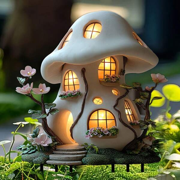 1 Piece Of Fairy Tale Forest Mushroom House Garden Ground Insert Decoration-Acrylic Garden Fence Outdoor Decoration With 2D Flat Printing Mushroom House Pattern-Bohemian Style Fantasy Garden Ground Insert Sign-Suitable For Lawn, Flower Pot, Courtyard, Backyard Decoration-Creative Gift For Family And Friends