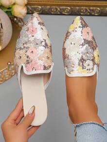 Oversized Size 35-45 Fashion Pointed Toe Sequin Flat Mule Slip-On Casual Loafers For Women, Spring/Summer/Autumn - Pink Card Color - View 2