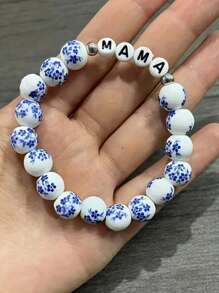 1PC Elegante 8mm Feito à Mão Azul e Branco Porcelana Stretch Pulseira de Contas, Presente de Aniversário, Presente de Aniversário, Presente para Nana/Mimi/MaMa/Vovó