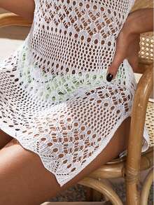 1pc Chic Solid Color Summer Beach Vacation Romantic Sexy Hollow Out Knitted Camisole Dress - White - View 4