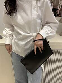 Fashion Plain Crocodile Textured Envelope Clutch Handbag - Black - View 4