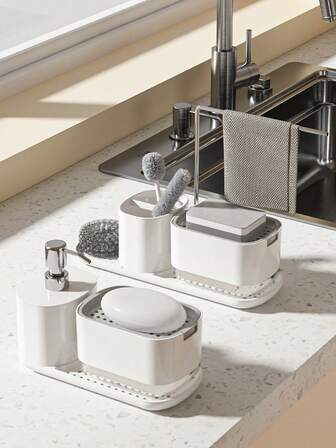 1 pieza Dispensador de jabón para cocina/baño con estante de almacenamiento, dispensador multifuncional de jabón de platos/manos con soporte para esponja, dispensador de detergente recargable y reutilizable para fregadero, encimera, ducha, artículos de cocina, accesorios de cocina, utensilios de cocina