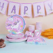69/10/Set, Rosa Einhorn Themen Party Zubehör, Einwegteller, Pappteller. Beinhaltet 18 cm Teller, 23 cm Teller, Pappbecher und Servietten-Sets. Geeignet für 16 Personen, Picknick-Zubehör, Geburtstags-Partys, Camping, Dekoration und Feierlichkeiten. Party-Geschenke, Bridal-Shower, Restaurant-Dekorationen, Küchenutensilien, Rosa, Einhörner, Süß
