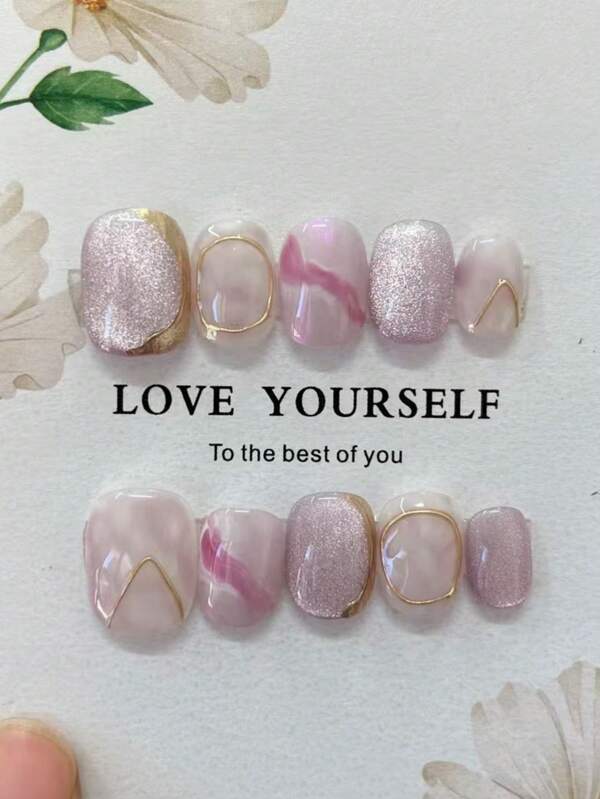 10Pcs Handmade Oval Nail Art Pressed Nails, With A Luxurious And High-End Temperament, Purple Cat Eye Blending Gold Border Temperament, Simple And Detachable, Reusable, Suitable For Women Of Different Styles For Daily And Evening Use.