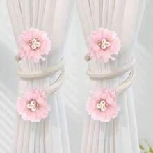 2 peças de tira de cortina francesa dobrável com fio de flor de pérola falsa, fivela para amarração de cortina, suporte para sala de estar, decoração de casa