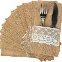 10pcs European Style Linen Lace Cutlery Holders, Handmade Craft DIY For Weddings, Celebrations, Parties