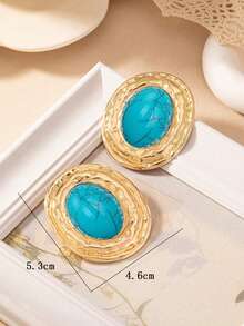 1 Pair Retro Geometric Textured Oval Faux Turquoise Shaped Elegant Elegant Ladies Earrings - Blue - View 5