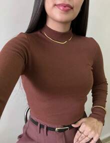 Women's Ribbed Blouse Long Sleeve Turtleneck Basic  Casual Modern Second Skin Brown Autumn And Winter Color