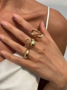 3 pièces/Set d'anneaux ouverts en métal à motif géométrique goutte d'eau, bagues de luxe élégantes pour mariages, fêtes, femmes, couples, anniversaires, cadeau polyvalent