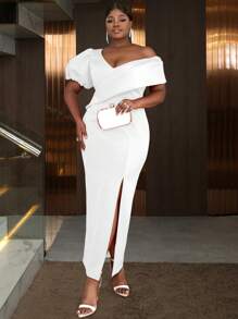 Sexy Women V-Neck Front Slit Cocktail Dress, For Birthday, Wedding Guest, Graduation, Dinner, Homecoming New Year Eve,