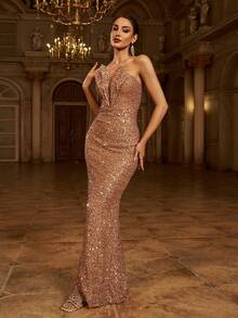 Missord Mermaid Hem Sequins Tube Formal Dress, Elegant Evening Gown, For Wedding Guest, Graduation, Dinner, Party Dress