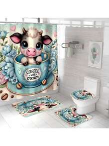 1/4pcs Cartoon Cow Print Bathroom Set, Includes Waterproof Shower Curtain, Non-Slip Mat, Toilet Lid Cover, Bath Mat And 12 Plastic Hooks, Bathroom Decor, Home Decor, Dorm Decor, Autumn, Villa Decoration Back To School