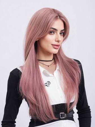 Parrucca dritta in fibra resistente al calore da 28 pollici, parrucca a strati di color pesca rosa, con aspetto naturale, adatta per donne