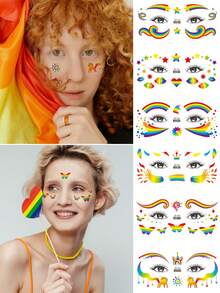 6pcs Glitter Rainbow Festival Face Decals, Waterproof Holographic Stickers With Designs Like Rainbow Feathers, Butterflies, Hearts, Flowers, Music Notes, Suitable For Pride, Y2K, Music Festival, Party, Dance Make-Up Decoration - Multicolor - View 4