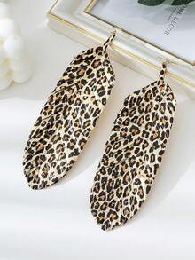 1 对女士超大几何羽毛纹理叶子吊坠耳环，节日派对礼物 - 豹紋 - 查看 3