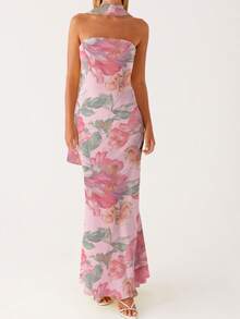 Women Y2k Floral Tube Maxi Dress With Scarf Sleeveless Strapless Backless Mesh Long Bodycon Dresses Formal Cocktail Sundress - 紫羅蘭色 - 查看 1
