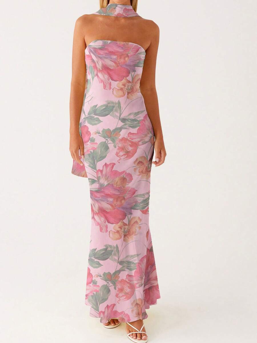 Women Y2k Floral Tube Maxi Dress With Scarf Sleeveless Strapless Backless Mesh Long Bodycon Dresses Formal Cocktail Sundress - 紫羅蘭色 - 查看 1