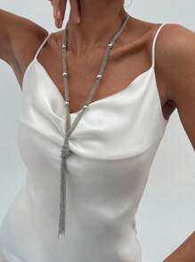 1pc Elegant Chain-Woven Tassel Necklace, Luxury Fashion Wedding Party Women & Couples Versatile Long Necklace Gift