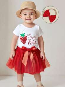 Baby Girl Birthday Outfits Letter Strawberry Print Short Sleeve Romper + Tulle A Line Skirt + Bow Headband 3 Pcs Set - Red - View 7
