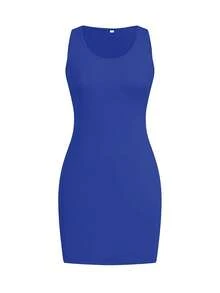 Women Summer Casual Plain Sleeveless T-Shirt And Skirt, Slim Fit Tank Top And Form-Fitting Dress, Beach/Holiday Outfit Party - Royal Blue - View 4