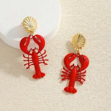 1Pair Bohemian Style Red Enamel Lobsters Shell Women Eardrop ,Vintage Ocean Series Women Dangle Earrings,Suitable For Daily Beach Vacation Parties Wear