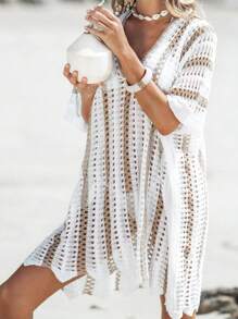 Contrast Color Sexy Knit Beach Cover-Up Cover Up For Women, Spring/Summer