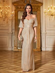 UNITHORSE Women's Shiny Sequin Off-Shoulder Backless Fitted Elegant Party Dress, Bridal Gown, Birthday Dress, Graduation Dress, Formal Dress, Autumn Fashion - Champagne - View 2