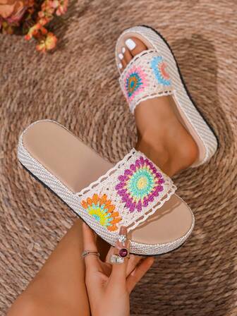 Women's Fashion New Sunflower Flat Slippers, Platform Thick Bottom Increased Height Sandals, Retro Rope Sole, Hollow Out Vamp