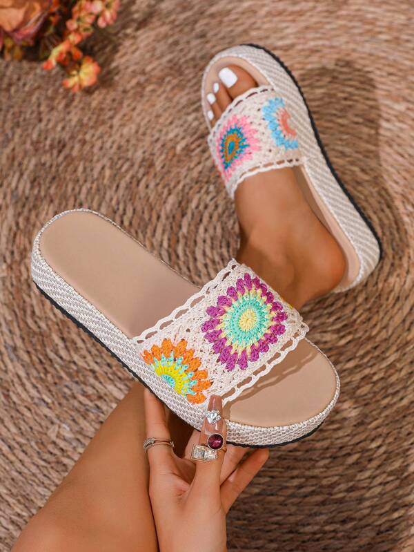 Damskie modne nowe płaskie kapcie w kształcie słonecznika, sandały na platformie o grubym dnie i podwyższonej wysokości, podeszwa z liny retro, wydrążona cholewka